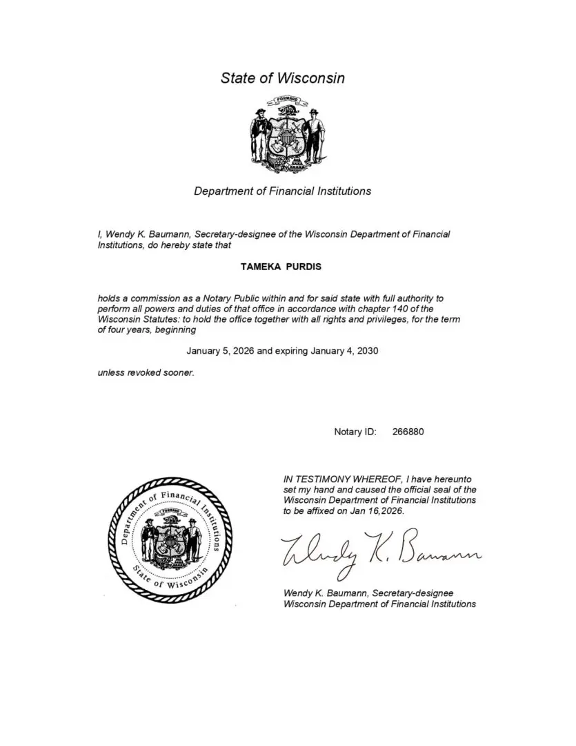 Wisconsin notary commission certificate with seal