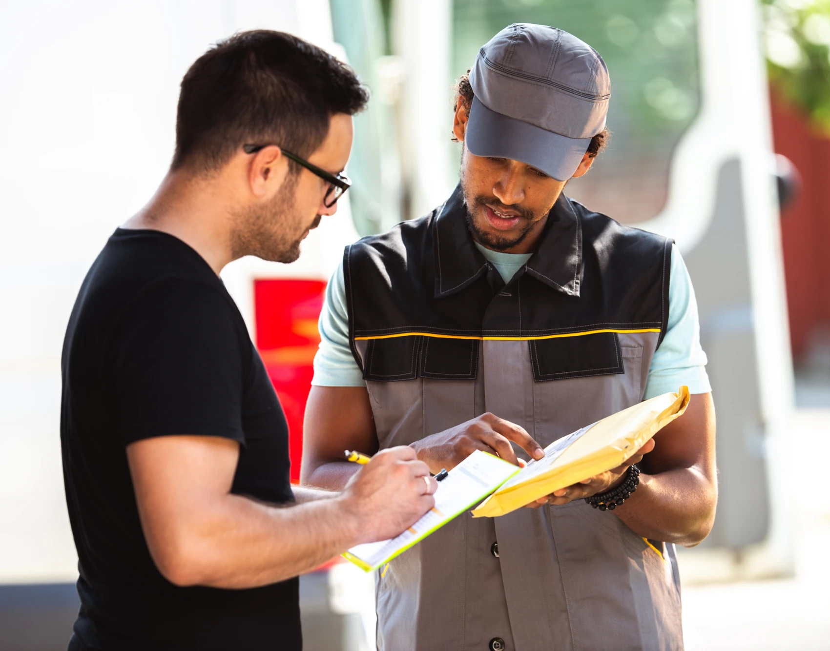 Courier and customer discussing package details